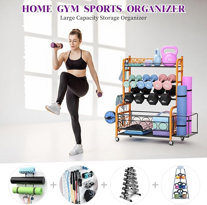 VOPEAK 3-Tier Dumbbell Rack with Wheels, Weight Rack for Home Gym Storage | Stores dumbbells, kettlebells & yoga mats. Lockable wheels for mobility. Sturdy steel frame, easy 15-min assembly