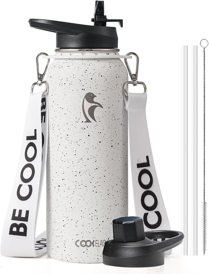 Coolflask 40 oz Water Bottle Insulated Stainless Steel with Strap | Metal Water Flask with Straw & Spout Lids, Triple-Wall, Cold 48+h, Dishwasher Safe, Leakproof, BPA-Free, for Gym & Hiking