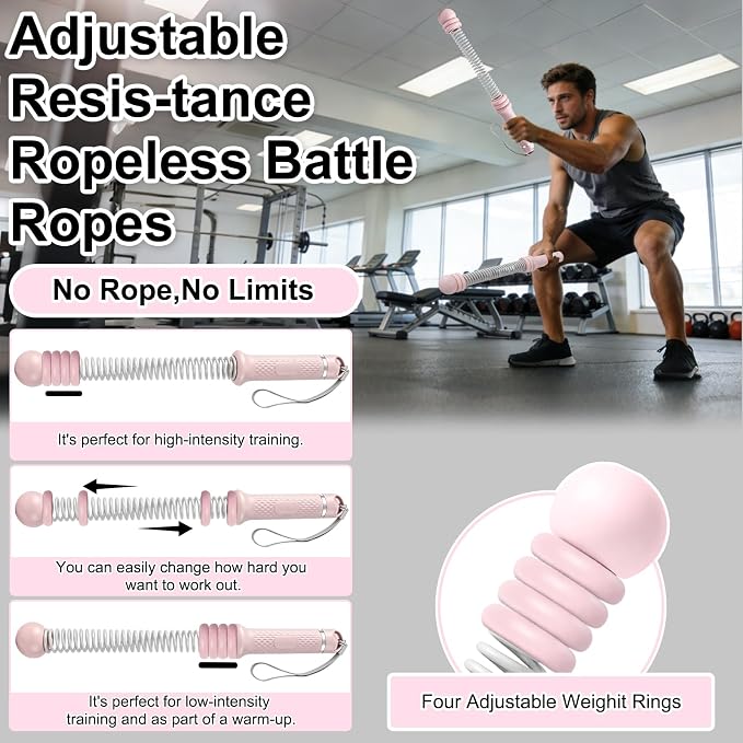 2PCS Weighted Ropeless Battle Ropes for Home Gym for Men & Women, Heavy Duty Cordless Battle Rope with Storage Bag, Strength & Low-Impact Cardio for HIIT Workouts, Cardio & Muscle Training-Pink