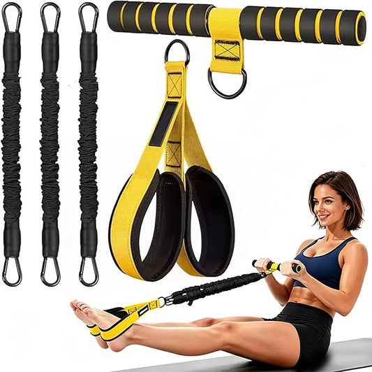 3-Tube Adjustable Pedal Resistance Band (30-90LBS) Home Workout | Elastic Bands with Soft Non-Slip Pedals, Targets Abdomen, Waist, Arm & Leg. Portable Home Fitness Gear