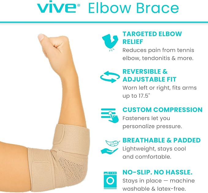 Vive Elbow Brace - Tennis Compression Sleeve - Wrap for Golfers, Bursitis | Left or Right Arm - Tendonitis Support Strap for Golf, Men and Women - Epicondylitis and Sports Recovery (Beige, Standard)