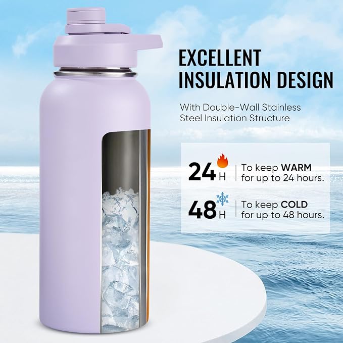 Fijinhom Insulated Water Bottle with Handle, 304 Stainless Steel Water Bottles with Wide Mouth, Double Wall Vacuum Sports Water Bottle, BPA Free, Keep Cold and Hot, 32 Ounces Purple