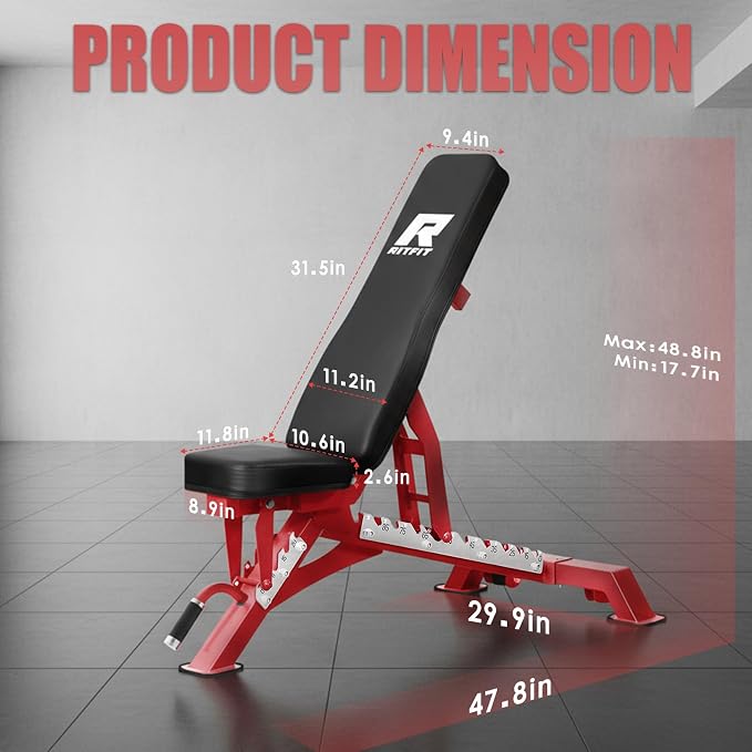 RitFit Adjustable/Foldable Utility Weight Bench for Home Gym | Incline Decline Flat, Multi-Position Backrest & Seat, Full Body Strength Training with Heavy Duty Steel Frame, Foldable