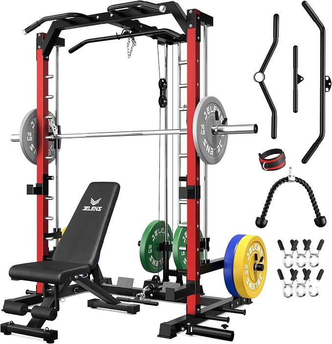SR01 Smith Machine, 2000LBS Multi-Function Power Cage with LAT Pulldown System, All-in-One Home Gym Squat Rack with Smith Bar and Training Attachments for Full Body Workouts
