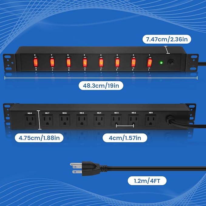 JUNNUJ PDU Rack Mount Power Strip, Heavy Duty 12 Gauge Cord, 4FT, 1 | 8 Outlets Individual Switches, Metal, Server Mountable Surge Protector.