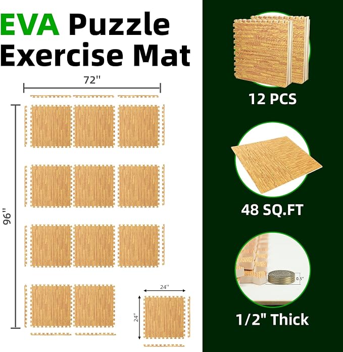 Art3d 12 Pack 24" x 24" EVA Interlocking Exercise Mats, 1/2" Thick Foam Puzzle Flooring for Workout, Gym Equipments, Training Areas, 48 Sq.FT, Teak