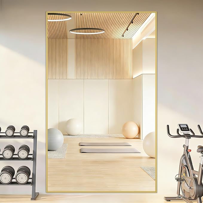 Mirrorons 72"x44" Oversized Full Length Mirror, Floor Standing or Wall Mounted with Hanging Kit, Shatterproof Tempered Glass Mirror for Living Room, Bedroom, Dressing Room, Gym (Gold)
