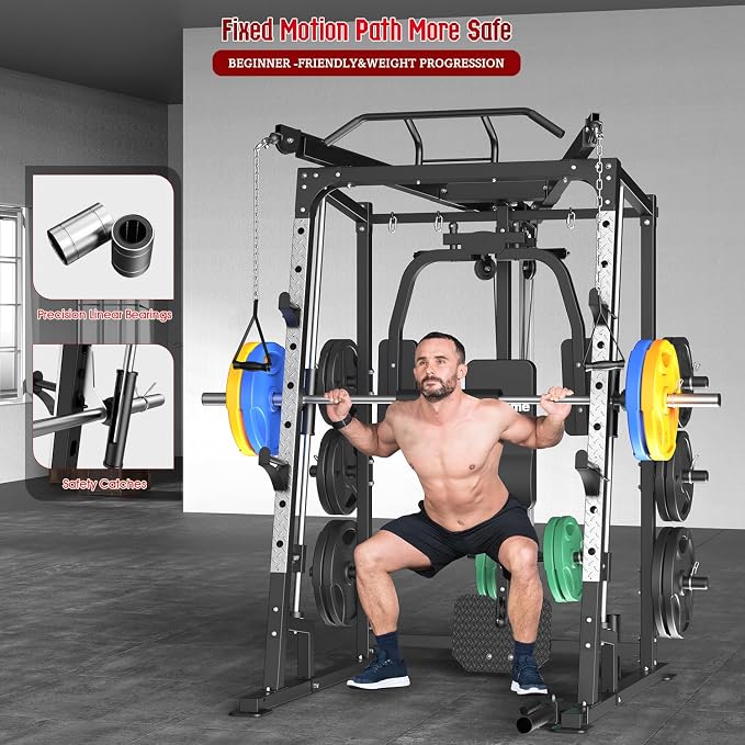 SunHome Smith Machine, 2000LBS Power Cage Squat Rack with Smith Bar, LAT Pull-Down Systems, Cable Crossover Machine for Home Gym