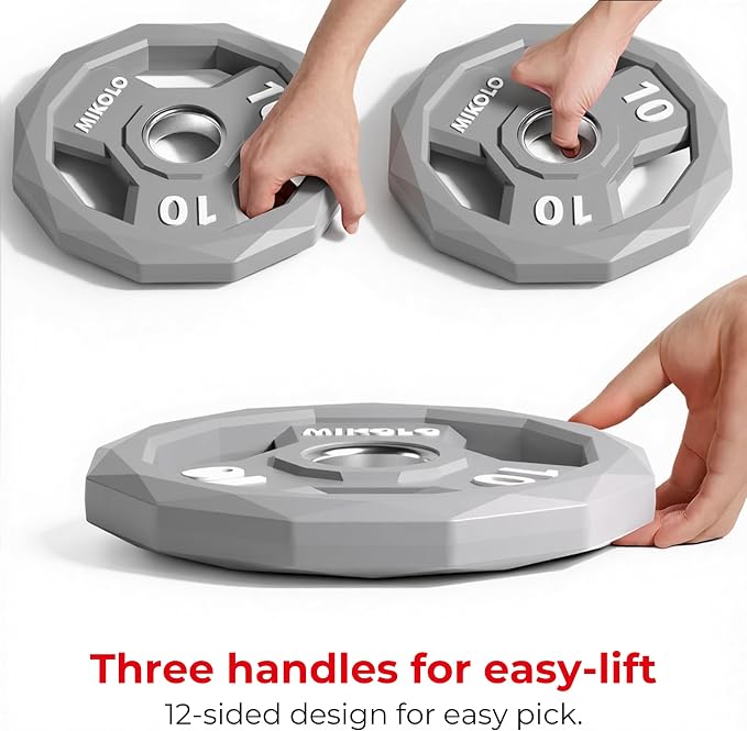 Mikolo Olympic Weights Set 2-Inch Rubber Coated Plates, 12-Sided Non-Roll Weight Plates Grip with 3 Handles for Home Gym, Strength Training, Single, Pair and Sets(5/10/15/25/35/45 LB)