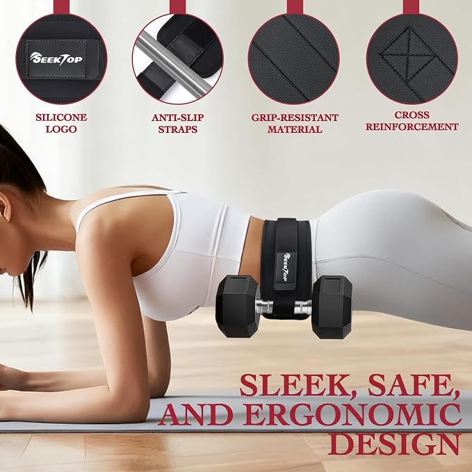 Seektop Adjustable Hip Thrust Belt, Anti-Slip Padding Booty Belt for Glutes | Fits Dumbbells Kettlebells Plates, Up to 400 LBS, Padded Strap, Easy Setup, Foldable for Gym Home & On-The-Go Workouts