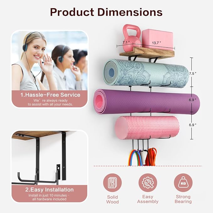 VINAEMO Yoga Mat Holder Accessories Wall Mount Organizer Storage Decor Foam Roller and Towel Storage Rack with 4 Hooks and Wooden Shelves Yoga Mats Rack Resistance Bands for Home Gym School Office