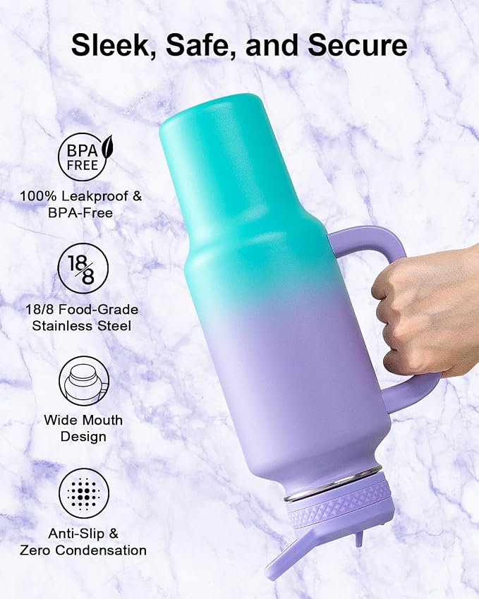 Trebo Insulated Water Bottle 40 oz Fits in Car Cup Holder with Side Handle | Stainless Steel Metal Tumbler with Straw Spout Lids, Triple-Wall Vacuum Copper Plated, Cold 48 Hrs Hot 24 Hrs for Travel, Gym