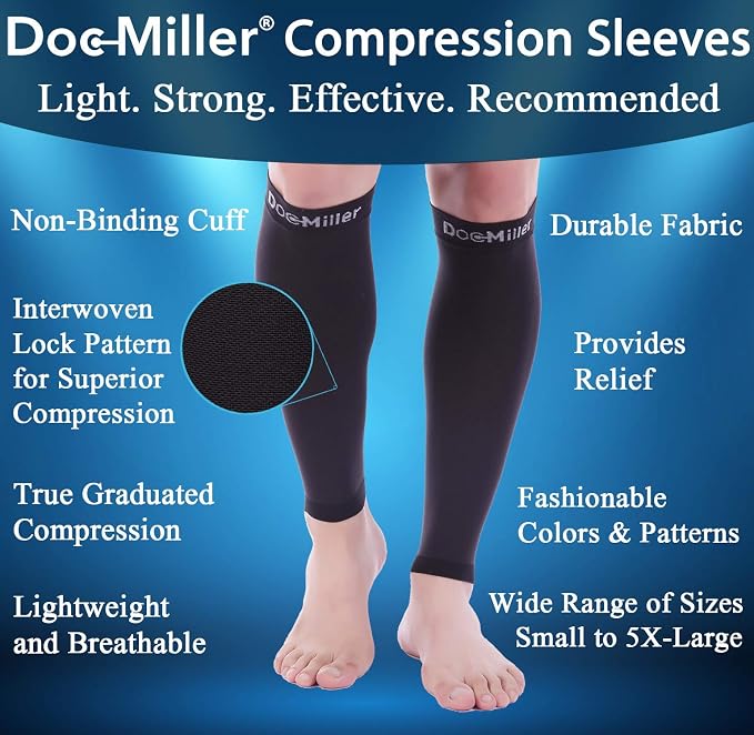 Doc Miller Compression Calf Sleeve for Men & Women, 20-30mmHg | Graduated Support for Running, Shin Splints, Calf Strain, Knee High, Small to 6XL Plus Size
