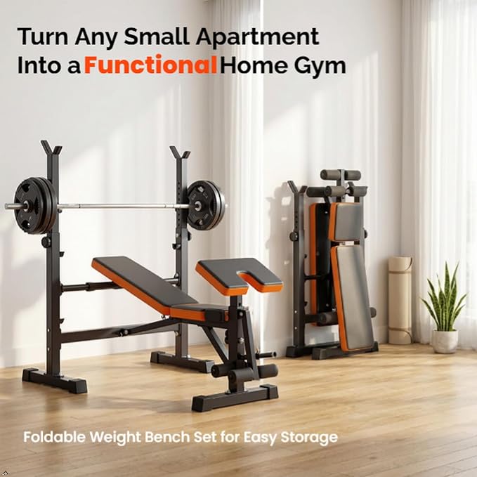 YOLEO Beginner Weight Bench Set for Home Gym, 6-in-1 Adjustable Workout Bench with Squat Rack, Foldable Full Body Fitness Equipment for Bench Press, Sit-Up & Strength Training