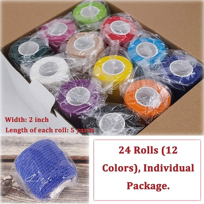 24 Pack Self Adhesive Bandage Wrap 2 Inch, Athletic Elastic Non Woven Cohesive Bandage for Sports, Wrist, Ankle Sprains, Swelling and Vet Wrap (Rainbow)