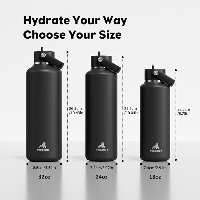 POWCAN 32 oz Insulated Water Bottle with Straw: Leakproof, Top Handle, Keep Cold 24H, BPA-Free, Double Wall Stainless Steel Water Bottle for Travel, Sport, Gym, Outdoors, Camping (Midnight Black)