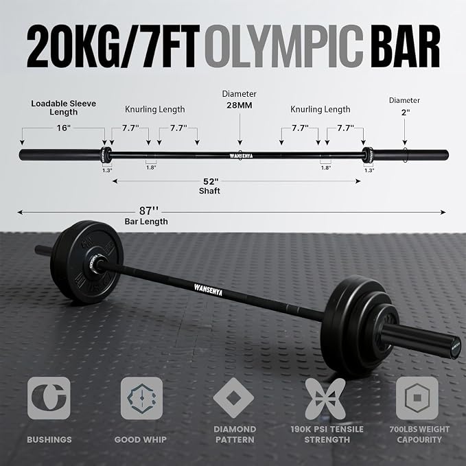 7FT Olympic Barbell 45lb,28MM 2 Inch Olympic Bar for No. 45 Steel,Olympic Weight Bars for Lifting,CrossFit,Bench Press,Deadlift,Squats,Strength Training bars