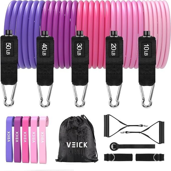 VEICK 10-150LBS Resistance Bands with Handles, Ankle Straps, Door Anchor | Accredited Lab Certified, 100% Natural Latex, Versatile for Yoga, Pilates, Strength, Home Gym