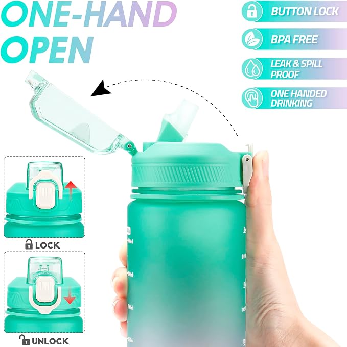 YC Kitchen 32oz Motivational Water Bottle with Straw & Carrying Strap | Leak-proof BPA Free Sports Water Bottles with Time Marker, with Times to Drink,Fitness, Gym, and Outdoor Sports