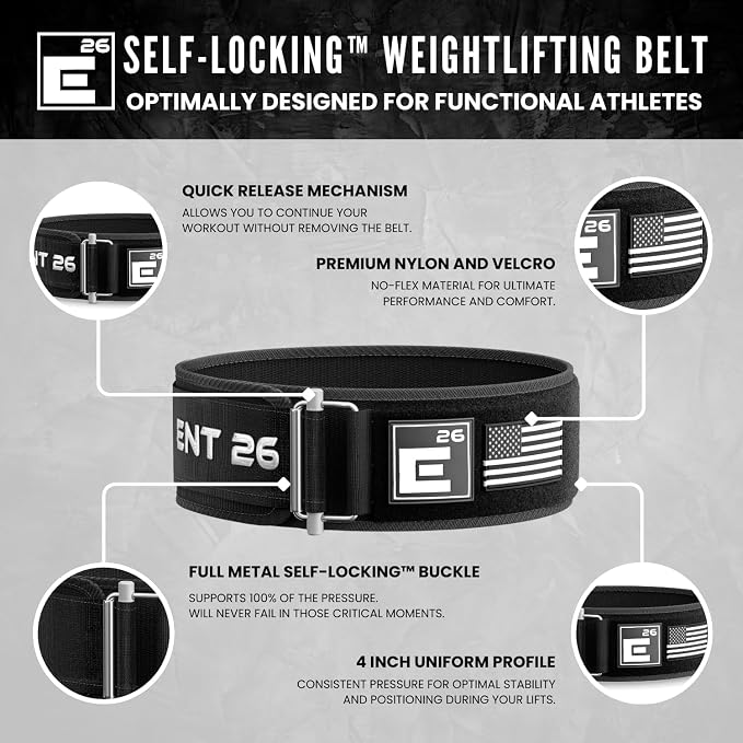 Element 26 Self-Locking Weight Lifting Belt | 4” Back Support for Gym, Powerlifting, Body Building, Cross Training, Men, Women, Deadlift, Squat, Quick Locking, Competition