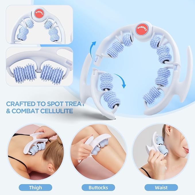 Cellulite Massage Tool - Lymphatic Drainage Massager - Muscle Roller, Deep Fascia Massage, Dimpled Skin Removal, Legs/Thighs/Buttocks, Anti-Cellulite Roller, Smooth Skin (14 Wheel - Blue)