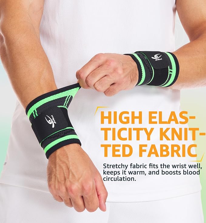 HiRui Wrist Brace Wrist Wraps Compression Wrist Strap, Wrist Support for Work Fitness Weightlifting Sprains Tendonitis, Carpal Tunnel Arthritis, Pain Relief, Adjustable Wristbands 2 PACK (Green, M)