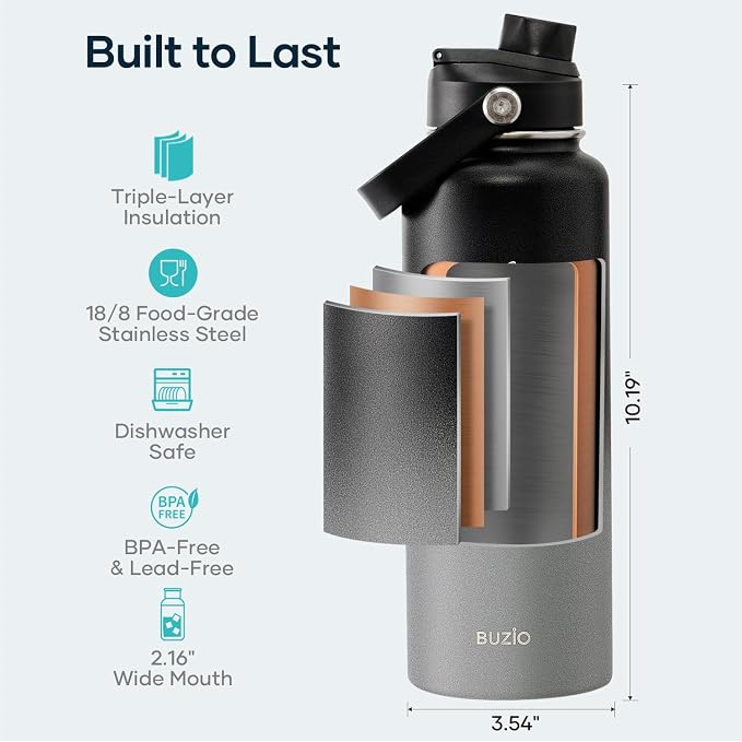 BUZIO Triple Wall Vacuum Water Bottle with Dust-Proof Straw & Spout Lids | 40 oz Insulated Stainless Steel Water Flask (Cold for 48 Hrs/Hot for 24 Hrs), Dishwasher Safe, Leakproof, Non-BPA, for Hiking
