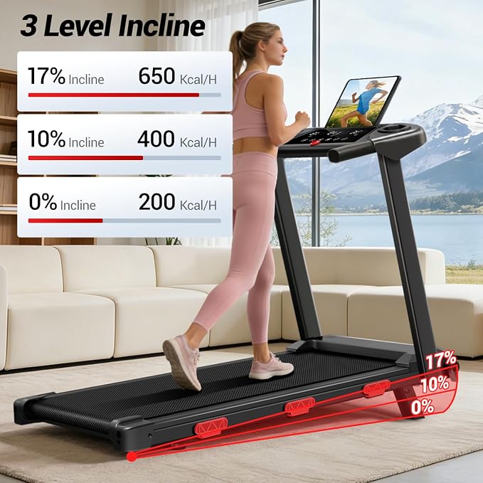 18% Incline Folding Treadmills for Home, 3.0HP Quiet Brushless Motor, 3 Manual Incline Levels, 12 Workout Programs, LED Display, 350 LBS Capacity, 0.6-7.5 MPH Compact Walking Pad for Small Spaces
