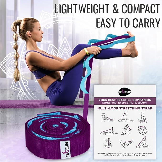 TECEUM Stretching Strap with 10 Loops for Physical Therapy & Rehab | Non-Elastic Yoga Stretch Band for Hamstring, Leg, Hip & Knee Rehab, Pilates, Flexibility & Mobility Exercises for Men & Women