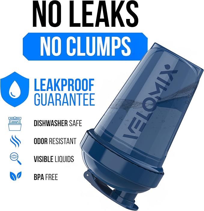 VELOMIX 2 Pack 20oz Protein Shaker Bottle for Protein Mixes, Blue/Black | 2x Wire Whisk, Leak Proof Shaker Cups for Protein Shakes, Stackable, Dishwasher safe, BPA free, Pre Workout and Gym ready
