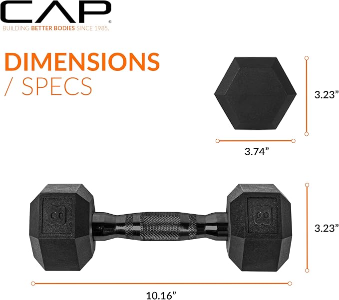 CAP Rubber Coated Dumbbell Weights, Free Weights for Home Gym Strength Training, Anti-Roll Hex Dumbbells with Black, Chrome & Comfort Grip Handles, Pairs & Sets
