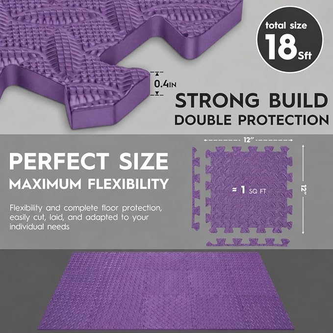 18pcs Puzzle Exercise Mat, 12.6"x12.6"x0.4", 18sqft EVA Interlocking Foam Floor Tiles, Protective, Water-Resistant Flooring for Home Gym & Workout Equipment