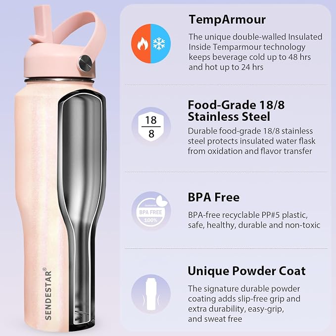 SENDESTAR 40oz Stainless Steel Water Bottle(Cold for 48 Hrs, Hot for 24 Hrs),Double Wall Vacuum Insulated Bottle with Straw Lid, Spout Lid and Flex Cap, Fit in Any Car Cup Holder