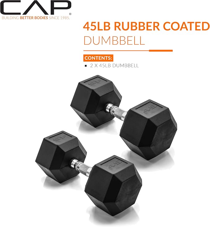 CAP Rubber Coated Dumbbell Weights, Free Weights for Home Gym Strength Training, Anti-Roll Hex Dumbbells with Black, Chrome & Comfort Grip Handles, Pairs & Sets