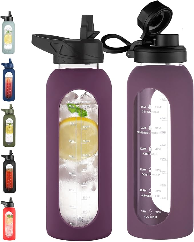 CIVAGO 40 oz Glass Water Bottle with Straw, Large Motivational Water Jug | Time Marker, 2 Leakproof Lids, Wide Mouth, Water Flask Cup with Handle and Silicone Sleeve, for Gym, Sports, Juices, Mauve