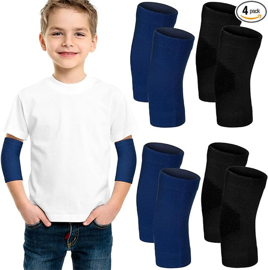 Lenwen 4 Pairs Kids Elbow Brace Compression Arm Elbow Sleeve Knit Guard Gym Protectors for Boys Teen Children Girls Basketball Volleyball Tennis Cycling(5-10 Years,Black, Dark Blue)