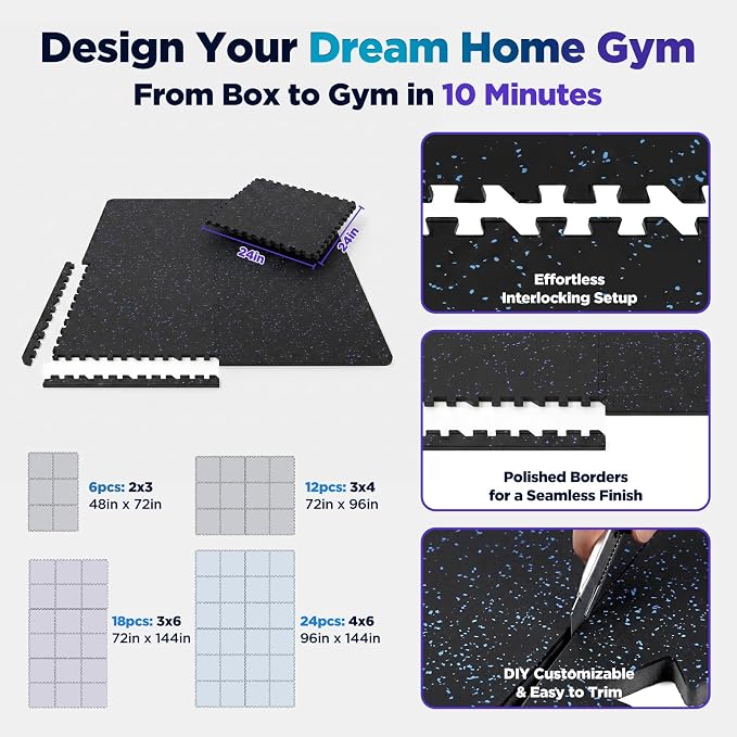 1'' Thick 48 Sq Ft Protective Gym Flooring for Home Gym, 12 Tiles Extra-Thick Rubber Top with High Density EVA Foam, Interlocking Exercise Equipment Mats, Heavy Weight Workout, Black & Blue