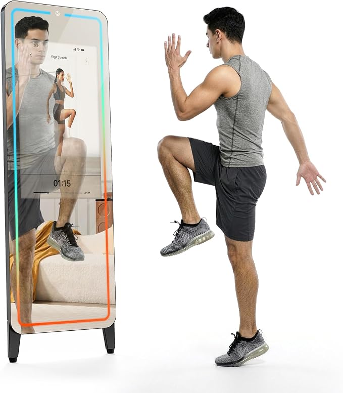 Smart Gym Mirror for Home Workouts, 32" HD Touchscreen with Android OS, 63" Full-Length Mirror, No Subscription Required, Fitness App Support, Voice Control & Music Sync LED Light Strip