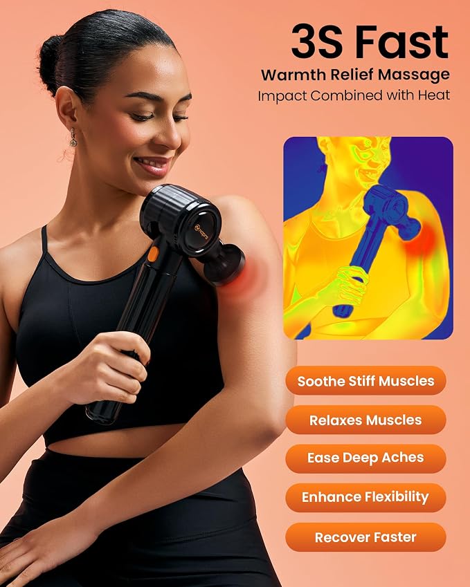 NAPRE Massage Gun with Heat,Massage Gun Deep Tissue with Extension Handle | Handheld Percussion Muscle Massager for Back Neck Pain Relief,3 Adjustable Angles,5 Speeds,6 Heads,Case,Black