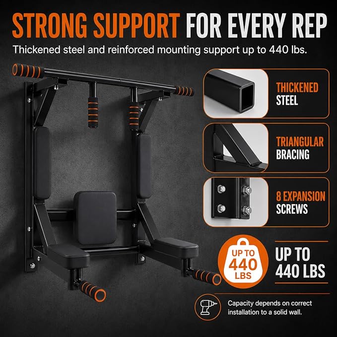 Wall Mounted Pull Up Bar Dip Station, Training Equipment Fitness Dip Stand, Multiple Grip Positions, 440 Lbs Capacity for Home Gym Workout