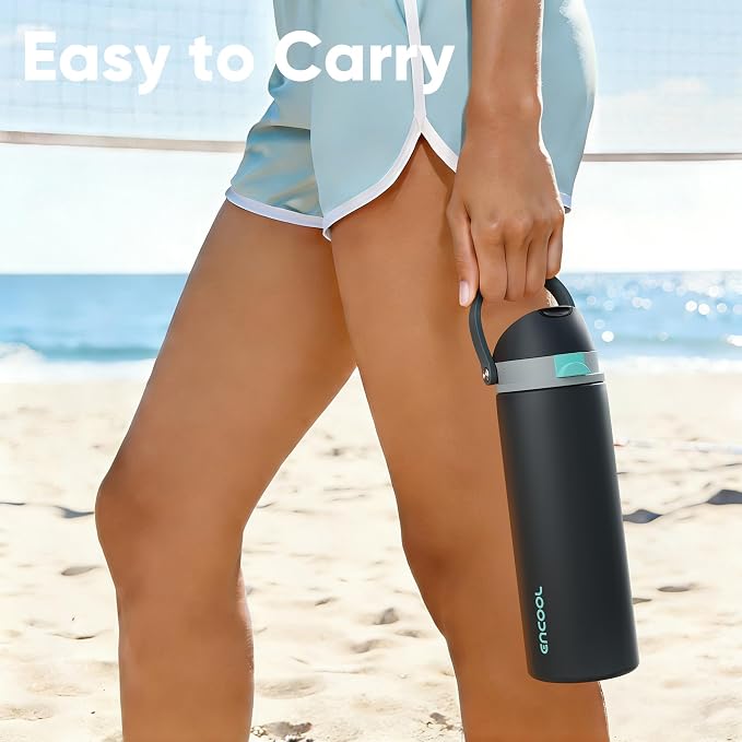 Insulated Water Bottle with Straw - Encool Stainless Steel Water Bottle with Push Button Lid, Leak-Proof & BPA-Free, Keeps Cold for 24 Hours for Sports, Travel, Gym (24 oz, Tuna Grey-Green)