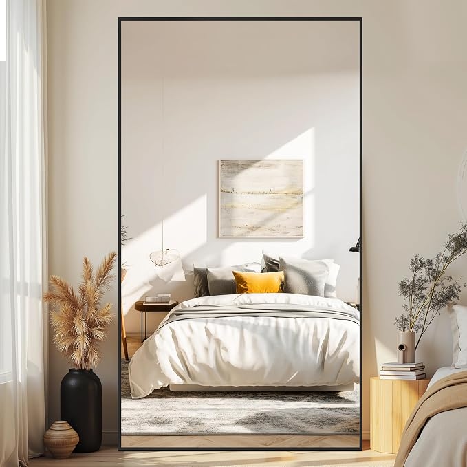 Full-Length Floor Mirror with Stand, 78"x38" Rectangle Style Full Body Standing Mirror for Bedroom, Living Room, Gym, Dorm - Shatter-Resistant & Easy Assembly, Black