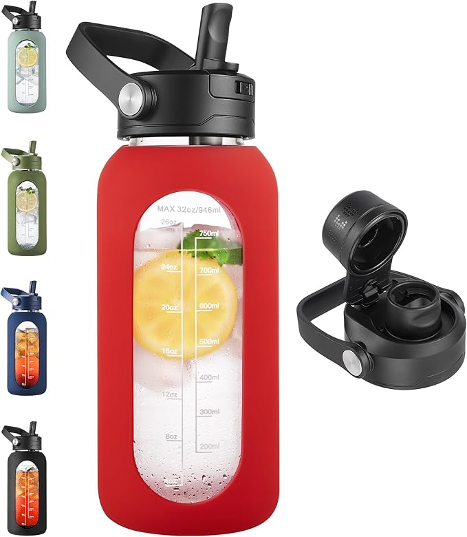 CIVAGO 32 oz Glass Water Bottle with Detachable Straw and Time Maker | Motivational Large Flask Cup with Handle, Leakproof Lids, Wide Mouth, Silicone Sleeve, Tumbler for Juice, Red