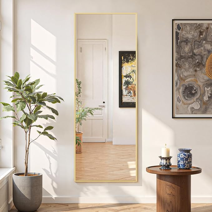 Mirror Full Length 59"x16", Rectangle Full Body Floor Mirrors with Stand | Shatterproof Glass, Aluminum Alloy Frame, Free Standing, Wall Mounted or Leaning for Bedroom Living Room Entryway