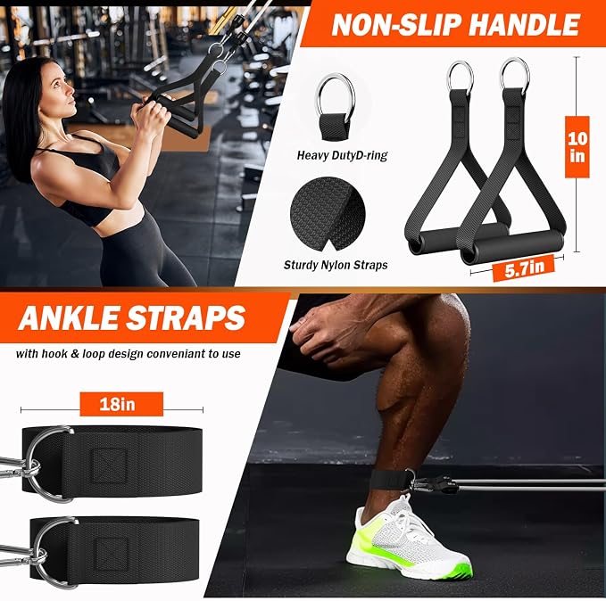 WHATAFIT Resistance Bands with Handles, 5-Level Exercise Bands for Workout | Natural latex,10-50 lbs, stackable to 150,Ankle Straps, Door Anchor,Guide. For Strength, Yoga,Home Gym,Travel & Workout.
