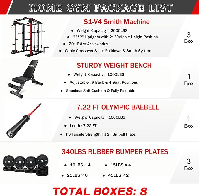 S1-V4 Smith Machine, 2000LBS Power Cage with Cable Crossover System, All-in-One Squat Rack with Smith Bar, Strength Training Equipment for Home Gym