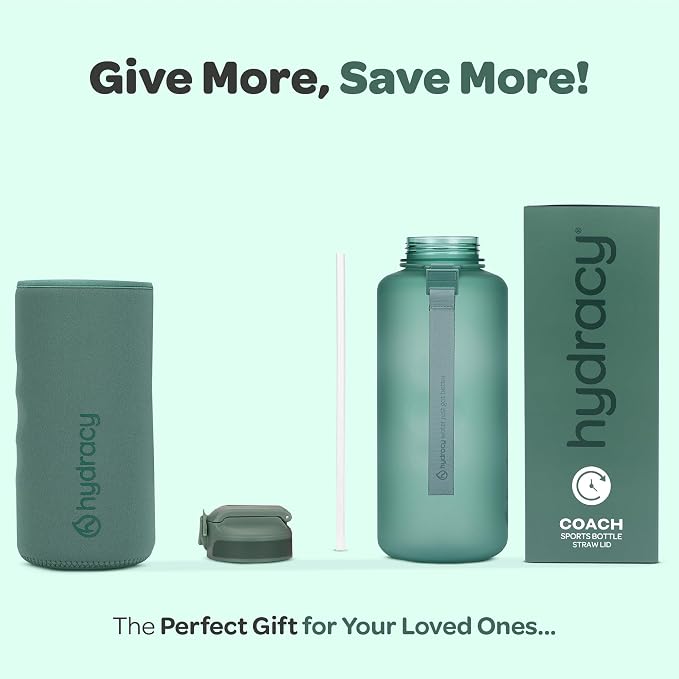 Hydracy 2L Large Water Bottle, Shatterproof, BPA Free Tritan Plastic, Leakproof, Zero Condensation, With Detachable Carry Strap, Spillproof Lid, Convenient Silicon Spout, Ideal for Gym, Yoga | Leakproof,BPA Free,No Sweat Neoprene Sleeve,Carry Strap,Dai...