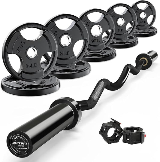 RitFit 2 Inch EZ Curl Bar Olympic Barbell with Weight Plates & Collar | 4FT EZ Curl Bar Olympic Barbell with Collars for Bicep, Tricep Workout, Weightlifting, 350LBS Weight Capacity