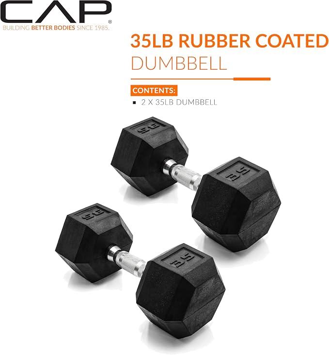 CAP Rubber Coated Dumbbell Weights, Free Weights for Home Gym Strength Training, Anti-Roll Hex Dumbbells with Black, Chrome & Comfort Grip Handles, Pairs & Sets