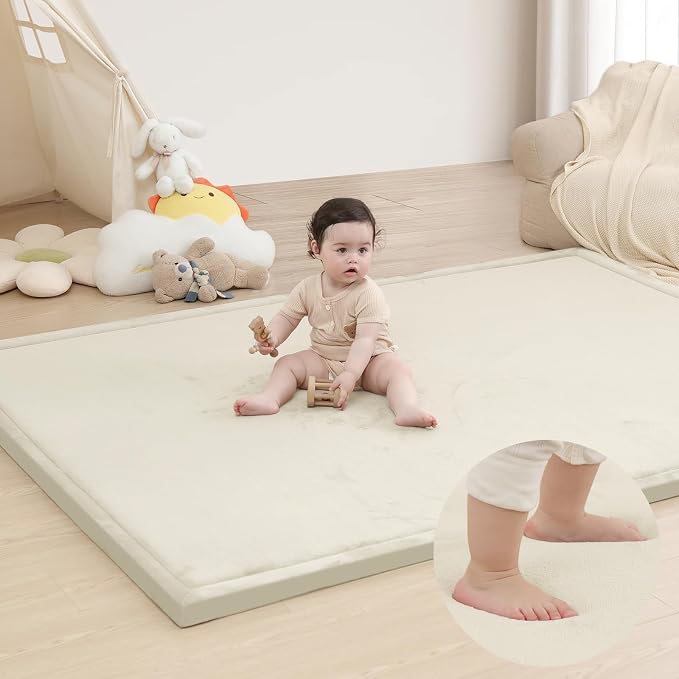 Huloo Sleep Ultra Soft Baby Play Mat for Floor, 1.3" Thick Elasti-Foam 65x50 Play Mat for Playpen,Water-Repellent Coral Velvet for Tummy Time, Non-Slip Backing,Safe for Toddlers & Infants（Cream）